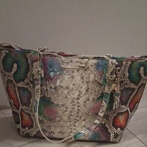 Brahmin Multicolor Embossed Python-Pattern Tote in Teal, Pink, Orange and Green